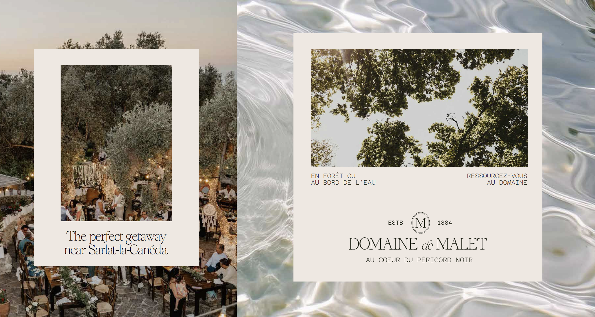Cartes et étiquettes de l’identité du Domaine de Malet sur fond d’eau, monogramme et logo créés par Emma