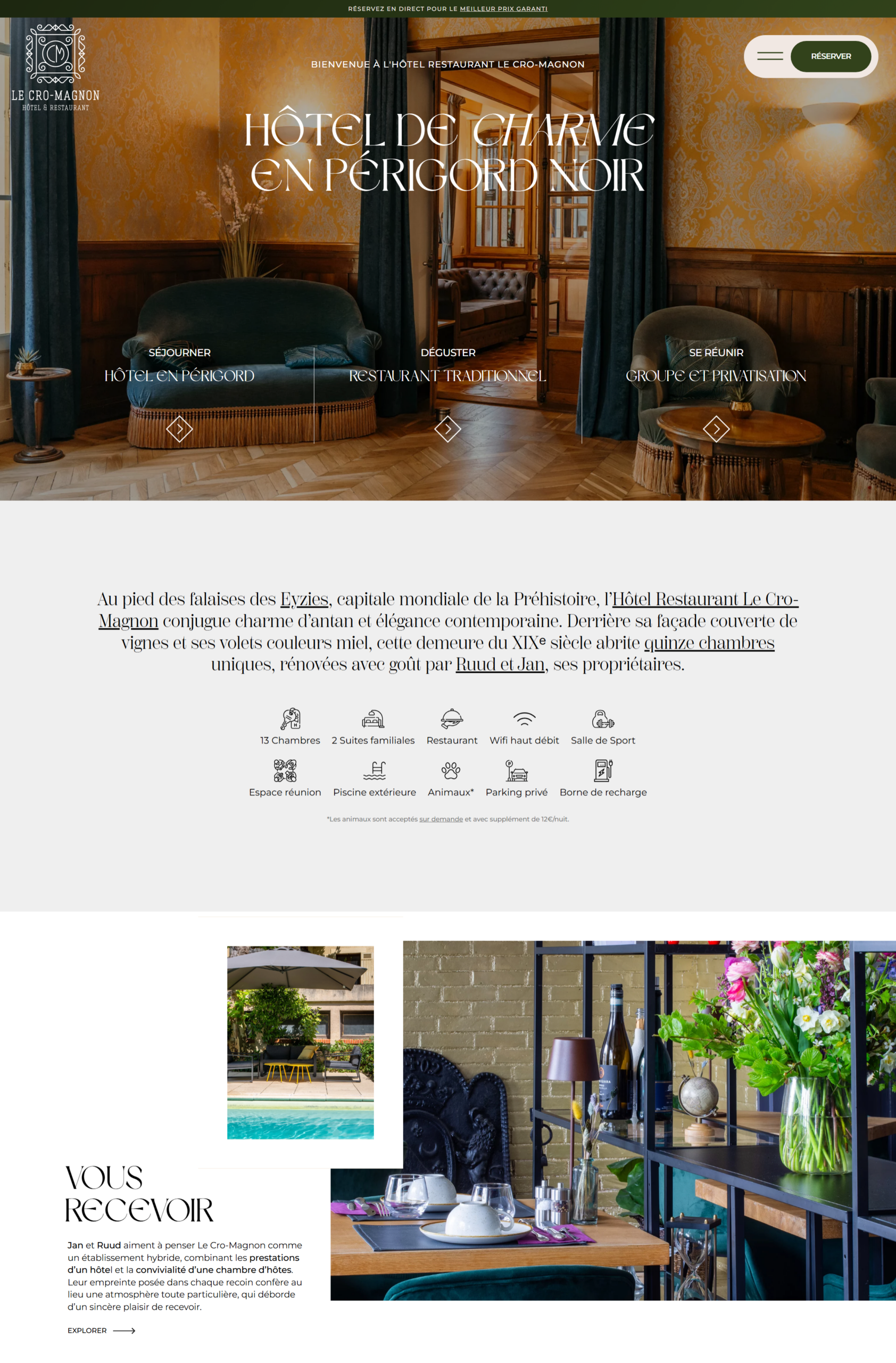 Page d’accueil du site Hôtel Le Cro-Magnon : « Hôtel de charme en Périgord Noir », trois entrées Séjourner, Déguster, Se réunir et présentation de la maison