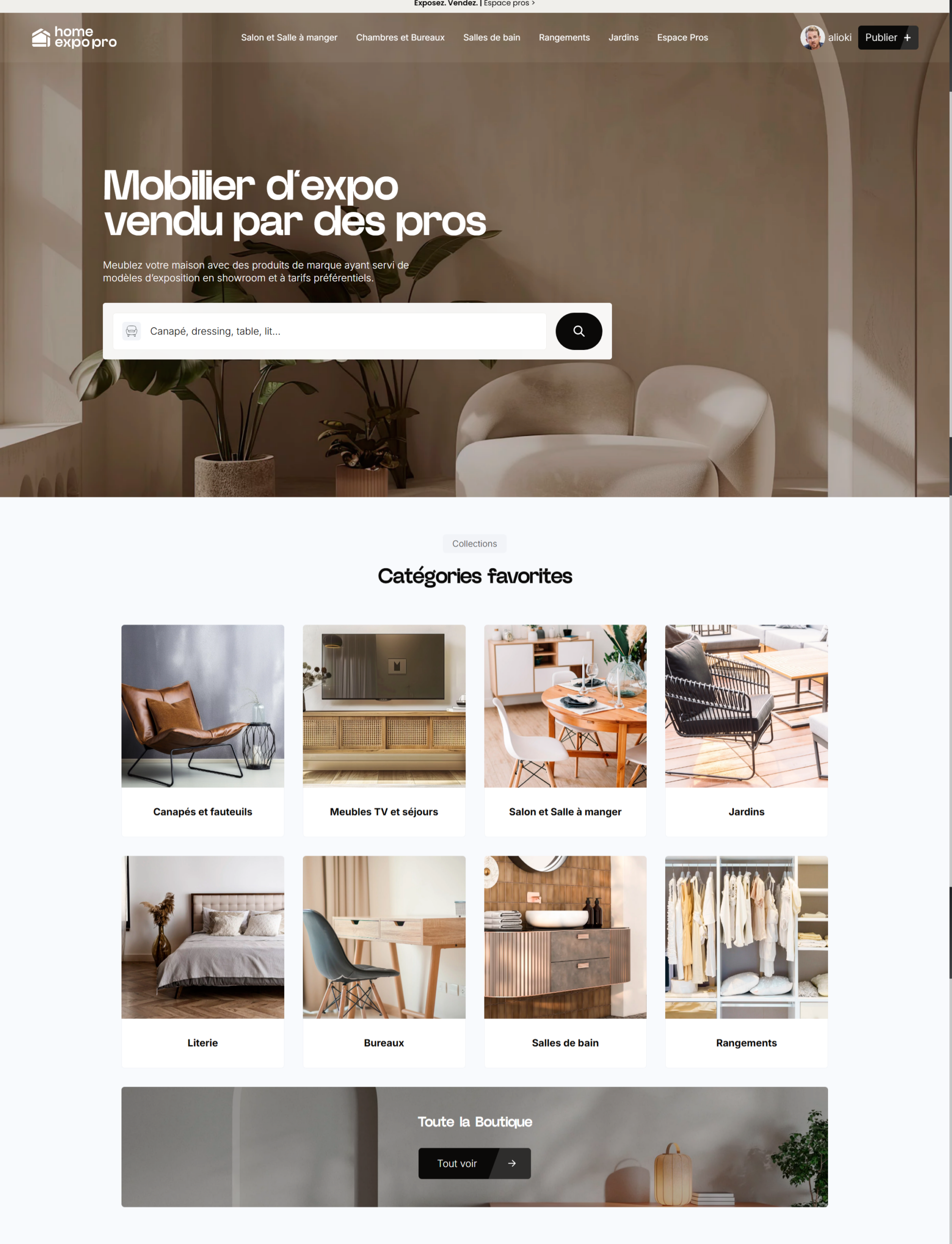 Page d’accueil du site Home Expo Pro : « Mobilier d’expo vendu par des pros », moteur de recherche et catégories favorites