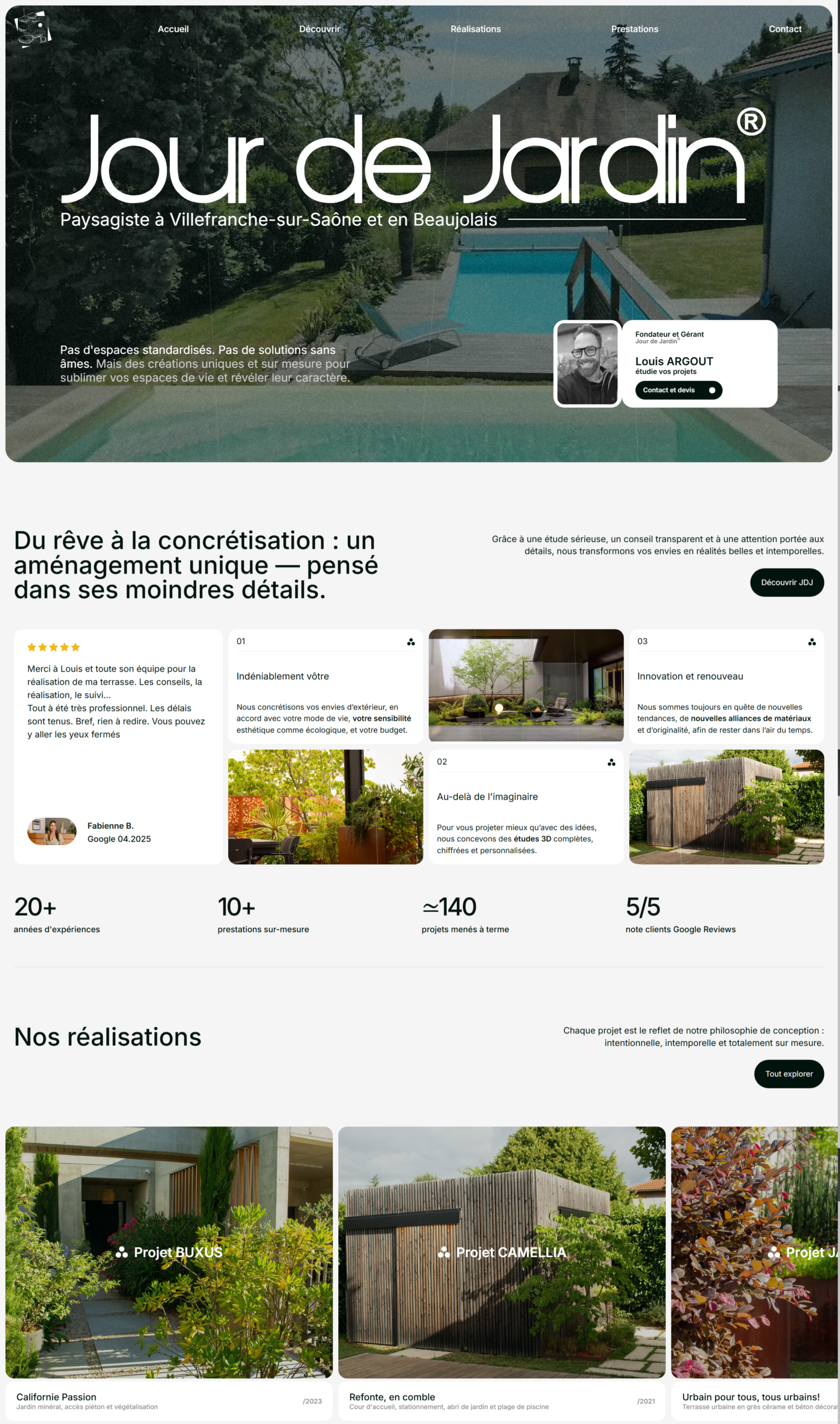 Page d’accueil du site Jour de Jardin : « Paysagiste à Villefranche-sur-Saône et en Beaujolais » sur une photo de piscine et de terrasse, carte de Louis Argout et chiffres clés