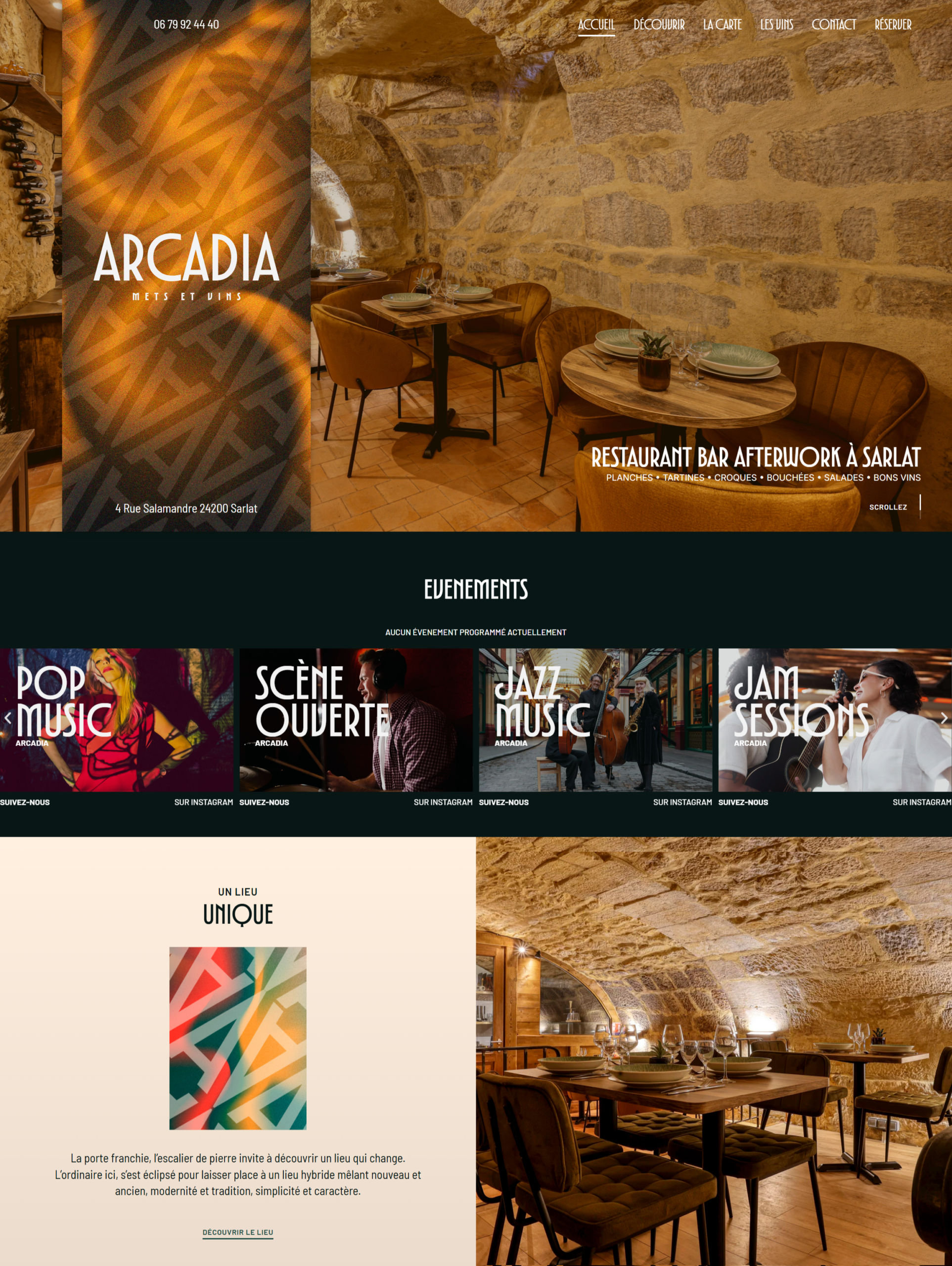 Page d’accueil du site internet d’Arcadia, restaurant bar afterwork à Sarlat, avec sa programmation d’événements