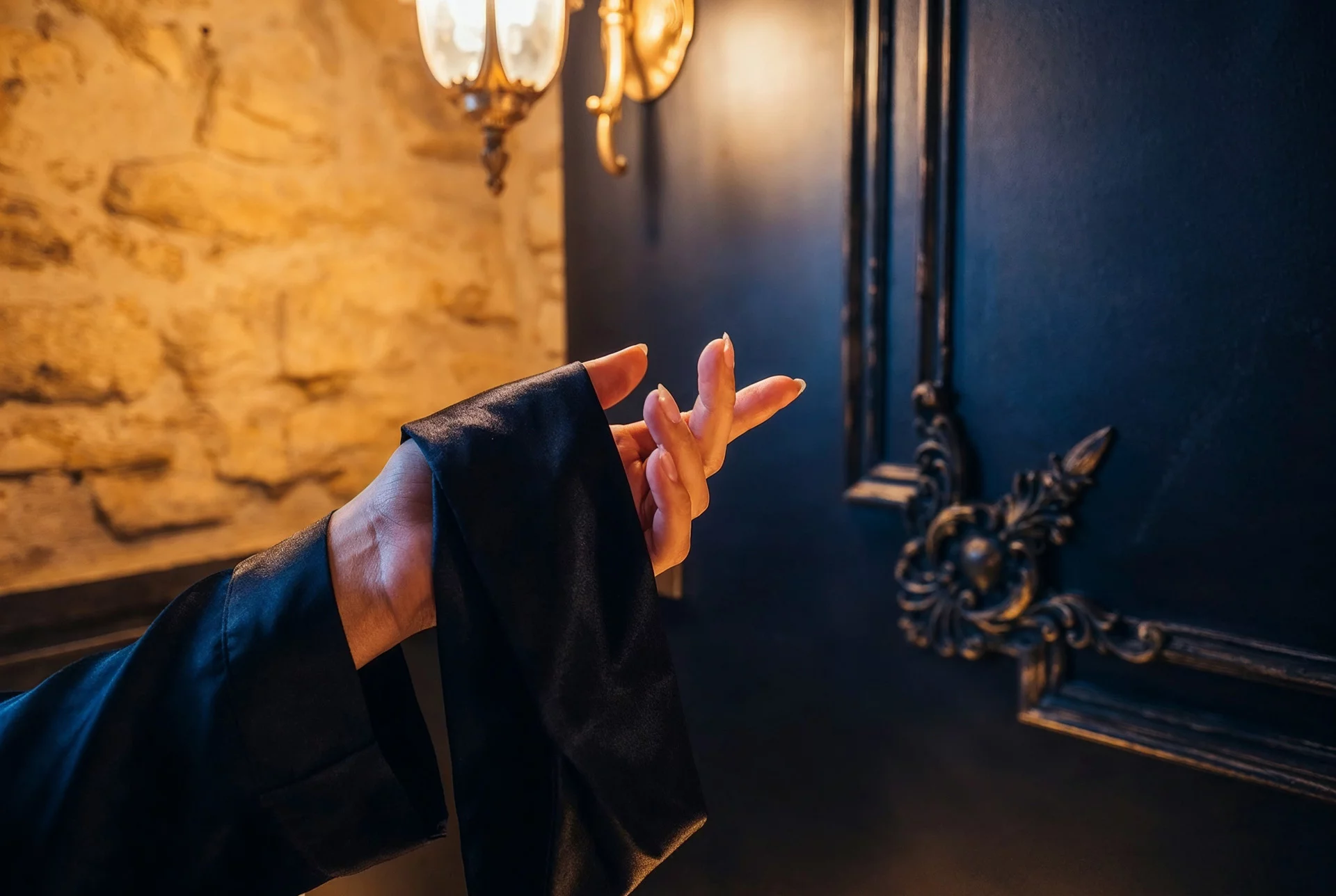 Main effleurant un ornement doré sur mur sombre, détail d’ambiance de la suite 1503