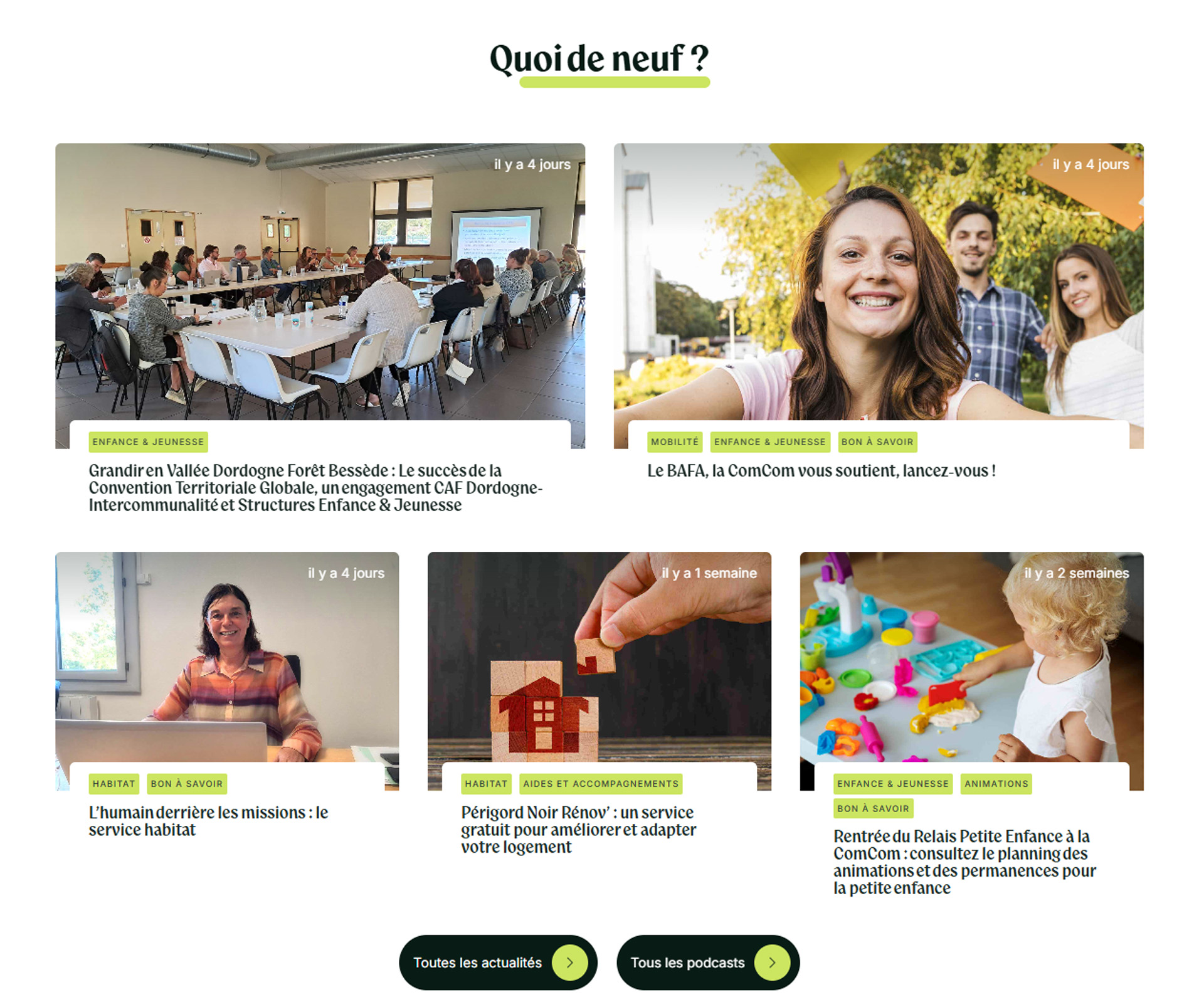 Section Quoi de neuf du site CCVDFB, actualités de la collectivité classées par thèmes