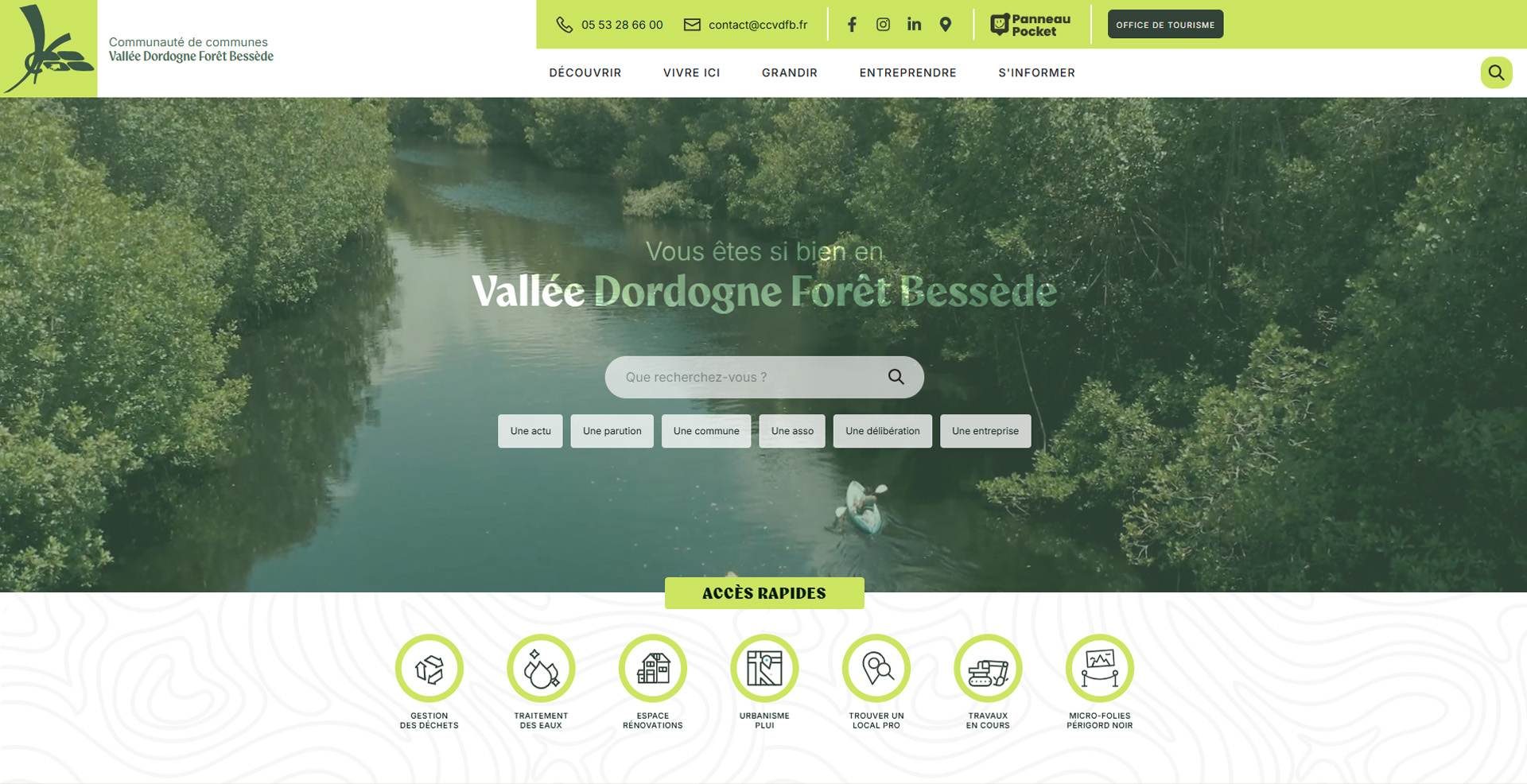 Page d’accueil du site de la Communauté de Communes Vallée Dordogne Forêt Bessède : vidéo, champ de recherche intelligent et accès rapides