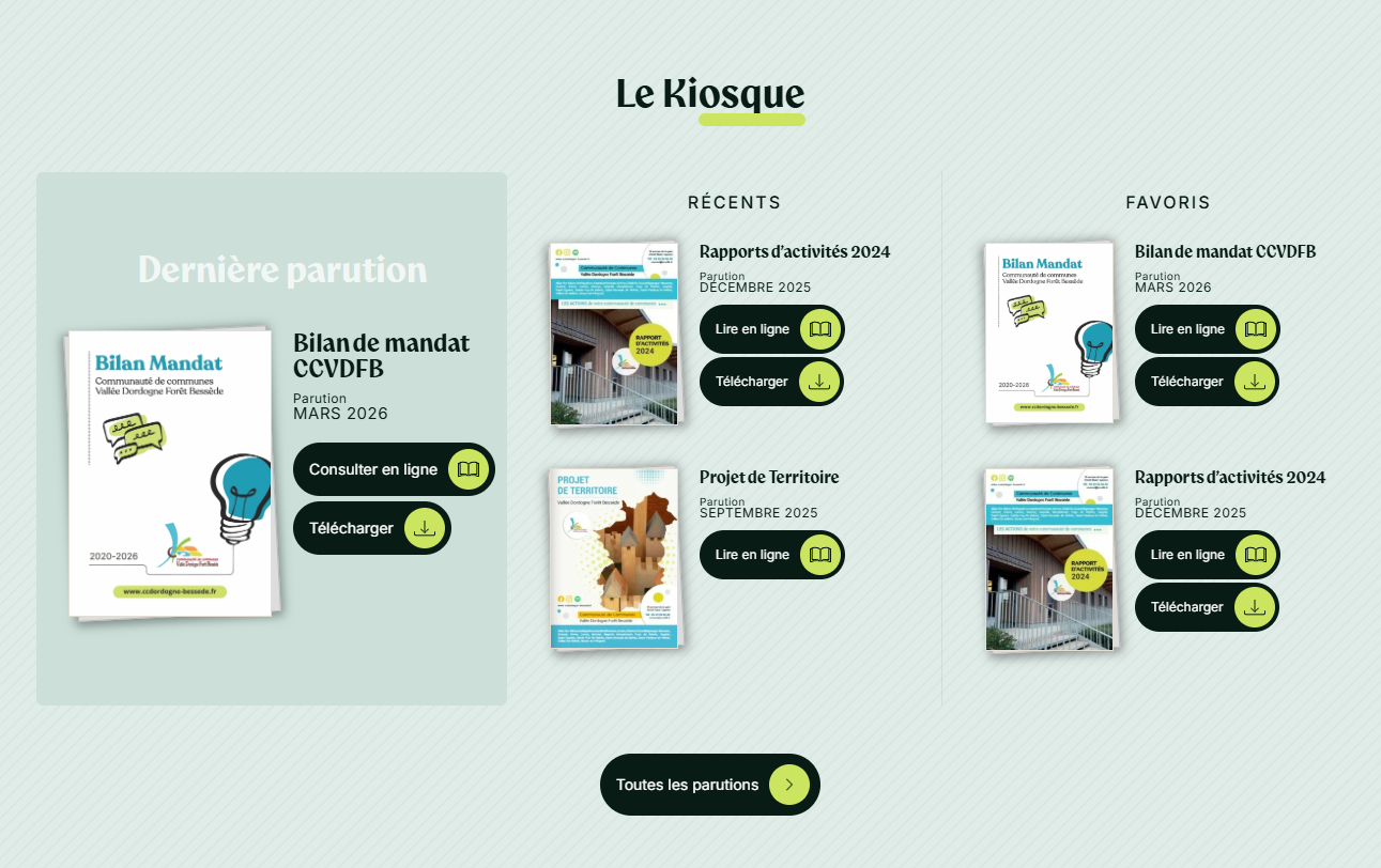 Kiosque du site CCVDFB rassemblant rapports d’activités, lettres d’informations et publications